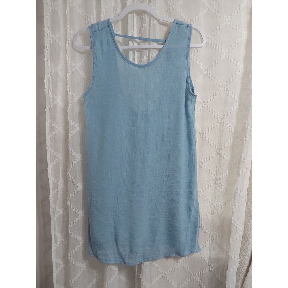 Light Blue Sleeveless Crinkle Texture Sheer Scoop Back Shift Mini Dress Small